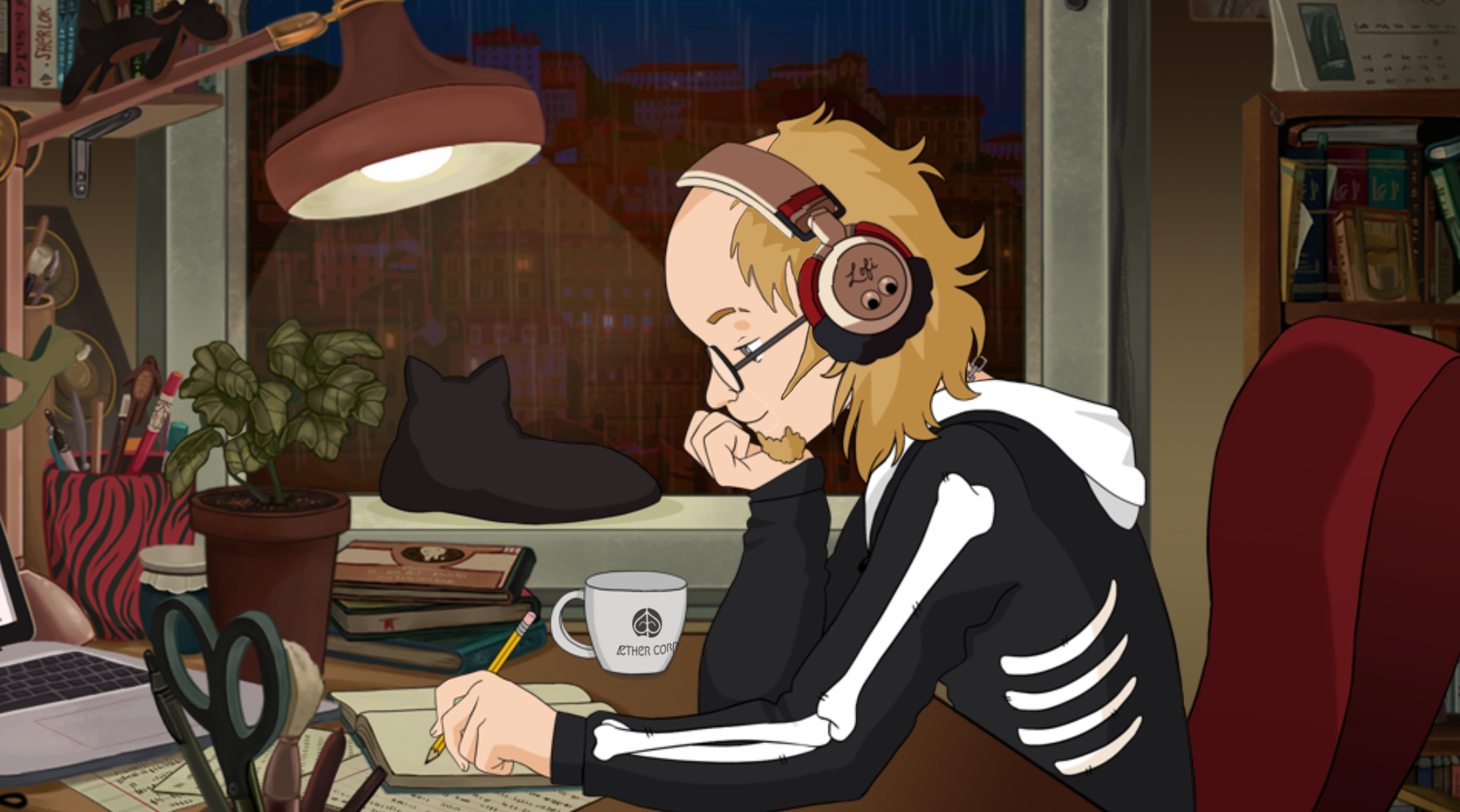 An anime style cartoon of Luke with headphones writing at a desk looking very similar to lofigirl